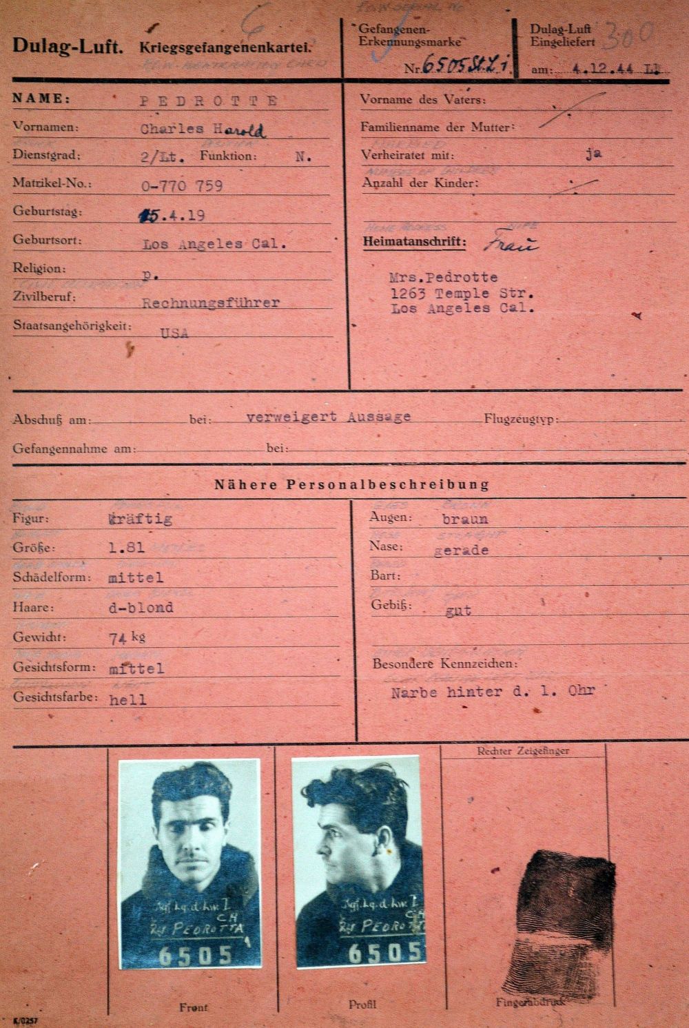 Charles Pedrotta P.O.W. Paperwork