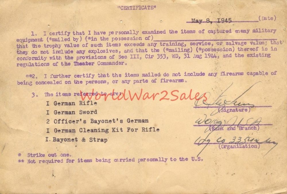 Captured Weapon Registration Certificate