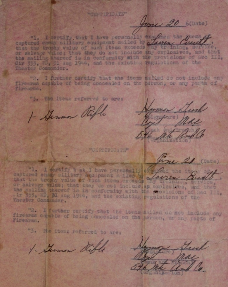 Captured Weapon Registration Certificate