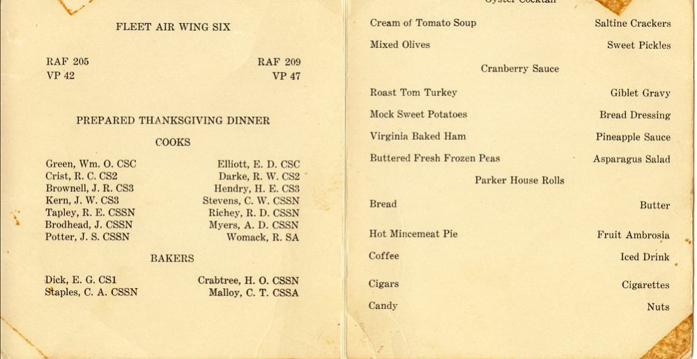 USS Curtis (AV-4) - Thanksgiving 1950 Menu