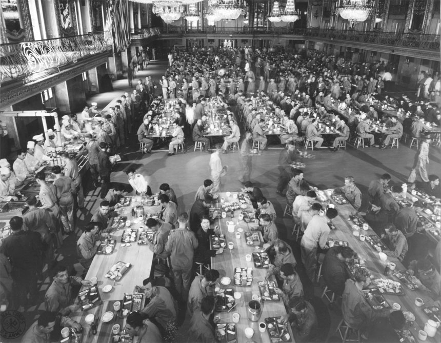 B-19 Mess Hall, Unit #1 form Grand Ballroom of the Stevens Hotel, during peak load.